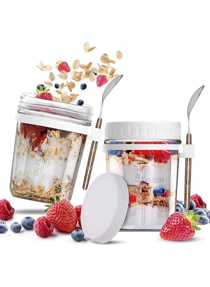 2-Pack Glass Storage Jars with Airtight Lids & Spoon | Overnight Oats Jars,Container with Measurement Marks, Wide Mouth Portable Jars Breakfast Container for Salads, Yogurt, Cereal Milk, Oatmeal,& More 300ml ( White ) - Image 1
